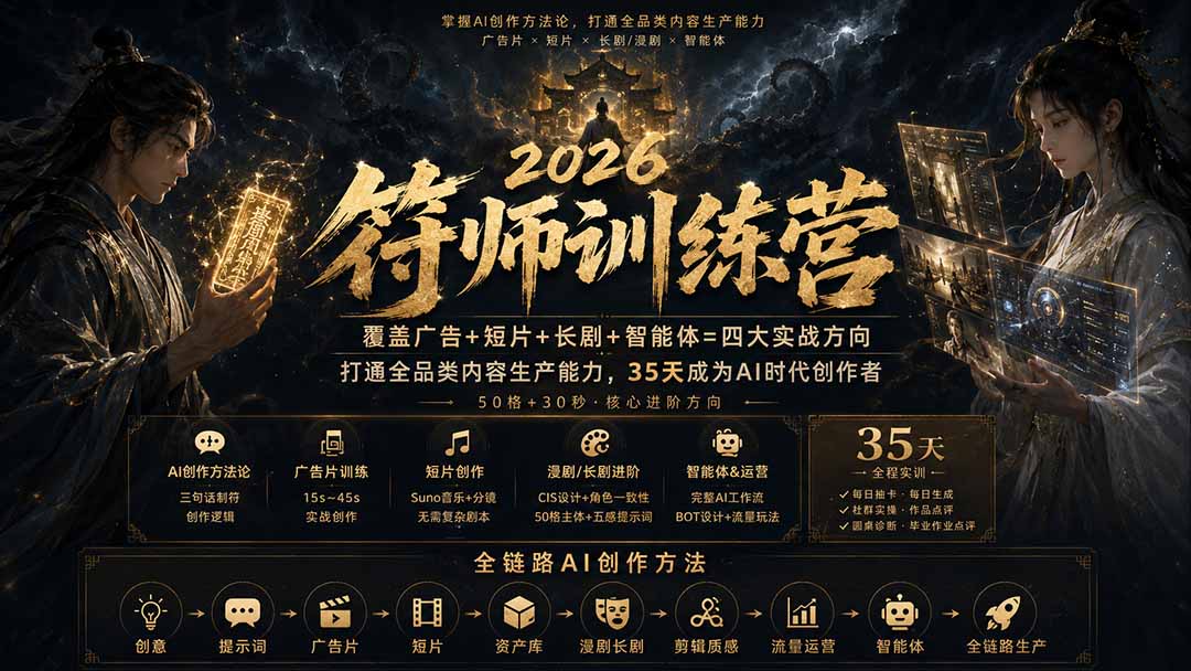 (20180期)符师训练营-35天成为AI时代创作者,广告+短片+漫剧+智能体四大实战方向,掌握从创意到上线的完整工作流-悟空知识星球