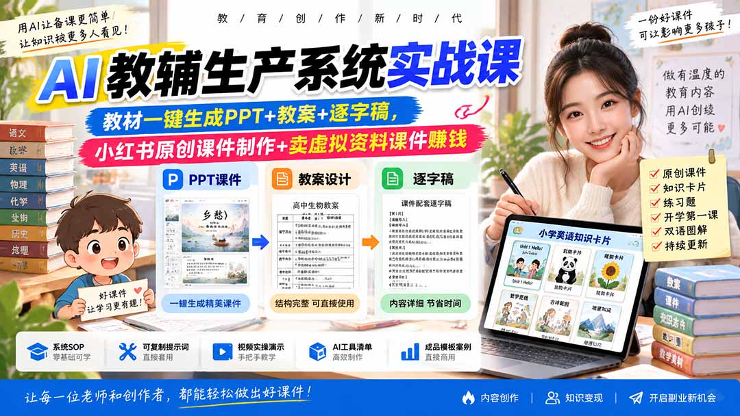 (20542期)AI教辅生产系统实战课|教材一键生成PPT+教案+逐字稿,小红书原创课件制作+卖虚拟资料课件赚钱-悟空知识星球