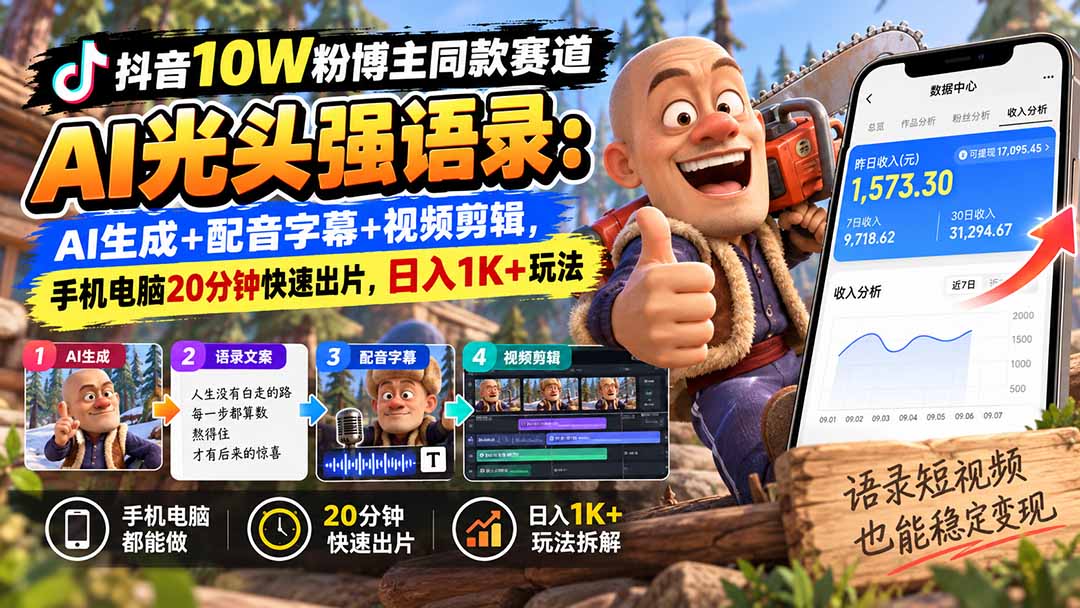 (20687期)【无水印】抖音10W粉博主同款赛道AI光头强语录:AI生成+配音字幕+视频剪辑,手机电脑20分钟快速出片,日入1K+玩法-悟空知识星球