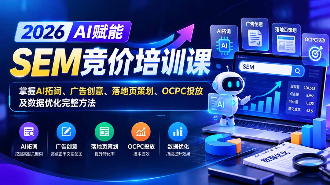 (20706期)【无水印】2026AI赋能SEM竞价培训课:掌握AI拓词、广告创意、落地页策划、OCPC投放及数据优化完整方法-悟空知识星球