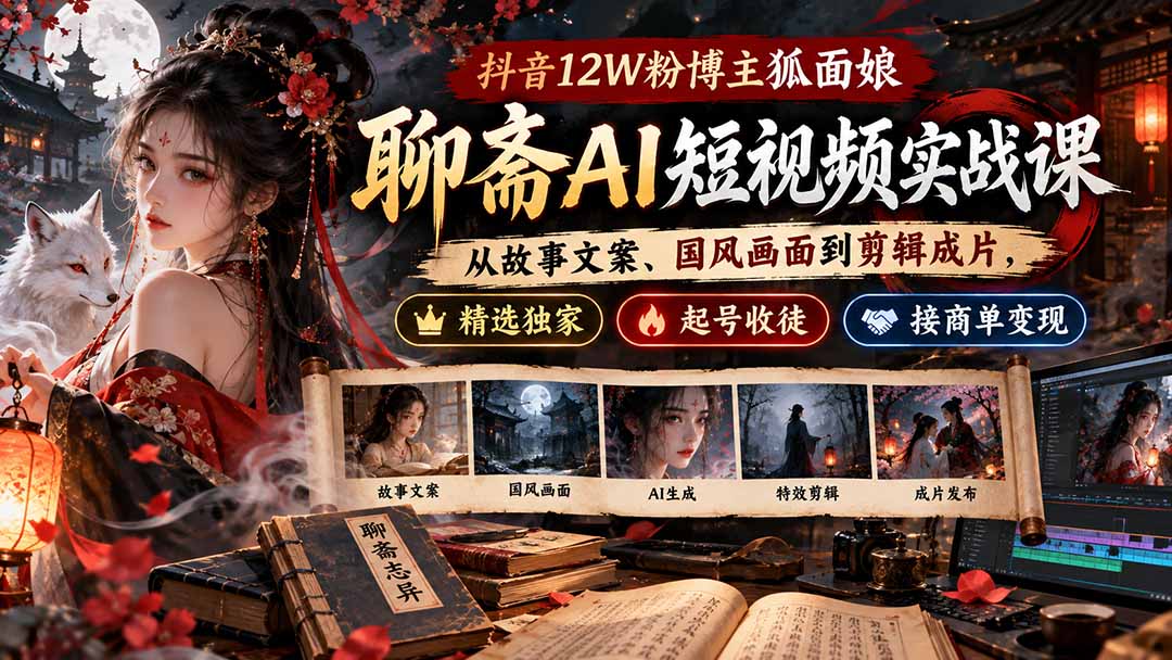 (20639期)抖音12W粉博主狐面娘-聊斋AI短视频实战课:从故事文案、国风画面到剪辑成片,精选独家+起号收徒+接商单变现-悟空知识星球