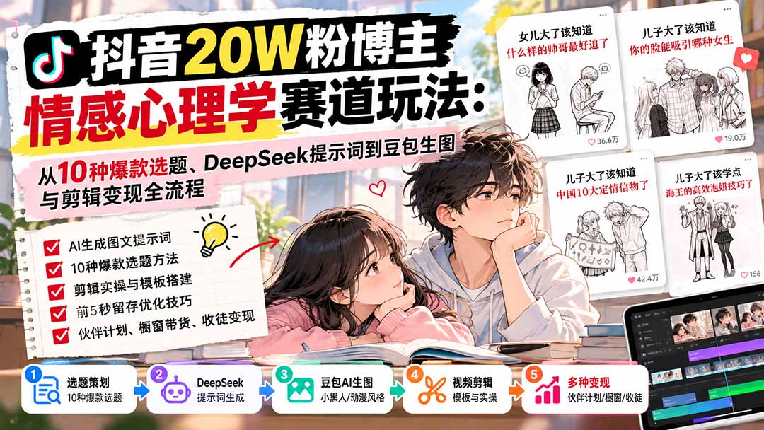 (20688期)抖音20W粉博主-情感心理学赛道玩法:从10种爆款选题、DeepSeek提示词到豆包生图与剪辑变现全流程-悟空知识星球