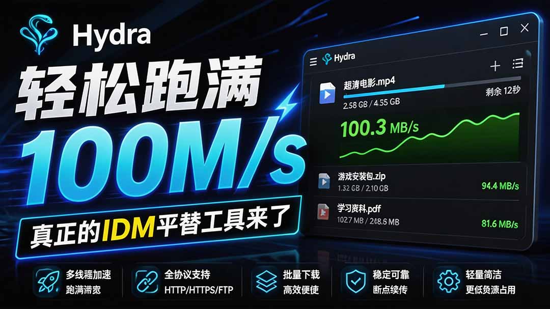 (20350期)轻松跑满100M/s,真正的IDM平替工具来了,开源多线程器,支持浏览器拓展,一键智能加速 Hydra Download Manager-悟空知识星球