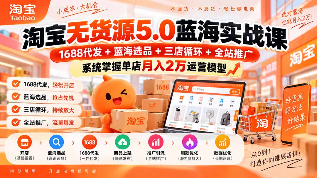 (20397期)淘宝无货源5.0蓝海实战课-更新:1688代发+蓝海选品+三店循环+全站推广,系统掌握单店月入2万运营模型-悟空知识星球