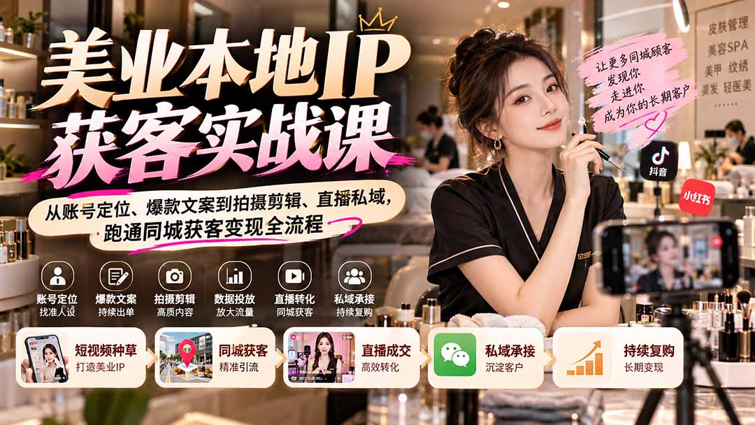 (20640期)【无水印】美业本地IP获客实战课:从账号定位、爆款文案到拍摄剪辑、直播私域,跑通同城获客变现全流程-悟空知识星球