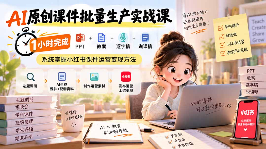 (20351期)AI原创课件批量生产实战课:1小时完成PPT+教案+逐字稿+说课稿,系统掌握小红书课件运营变现方法-悟空知识星球