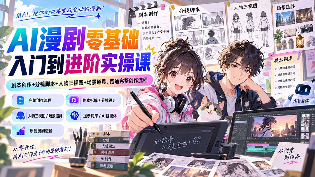 (20352期)AI漫剧零基础入门到进阶实操课:剧本创作+分镜脚本+人物三视图+场景道具,跑通完整创作流程-悟空知识星球