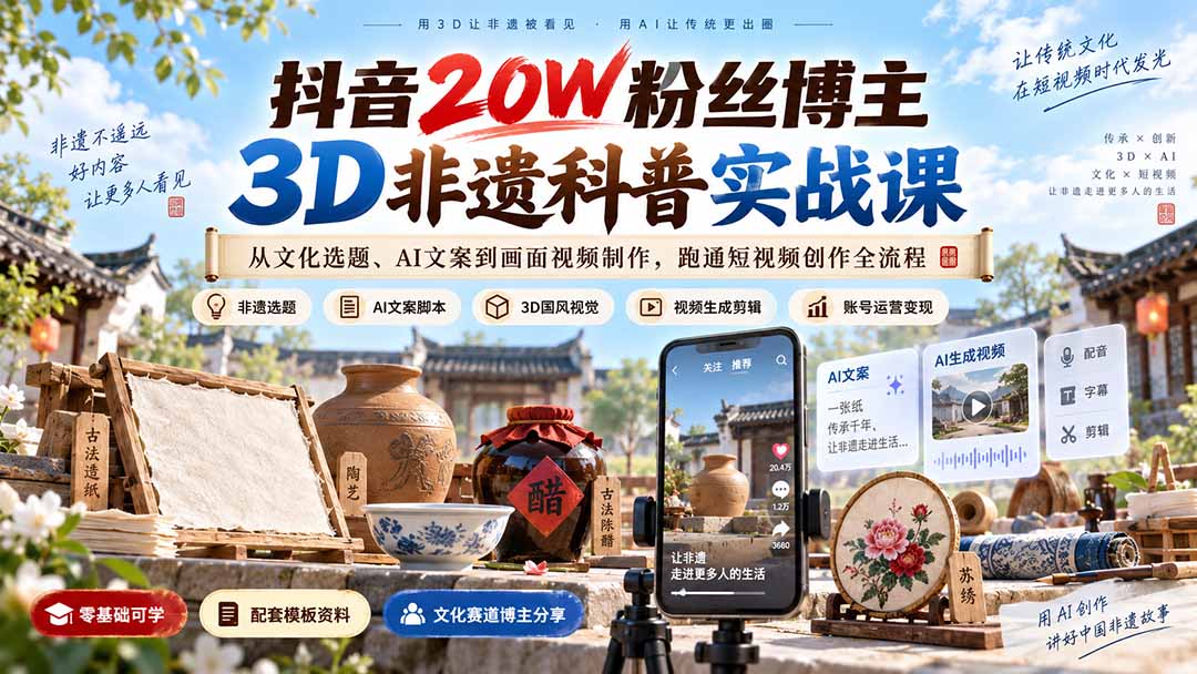 (20356期)抖音20W粉丝博主3D非遗科普实战课:从文化选题、AI文案到画面视频制作,跑通短视频创作全流程-悟空知识星球