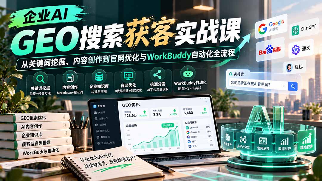 (20643期)企业AI GEO搜索获客实战课:从关键词挖掘、内容创作到官网优化与WorkBuddy自动化全流程-悟空知识星球