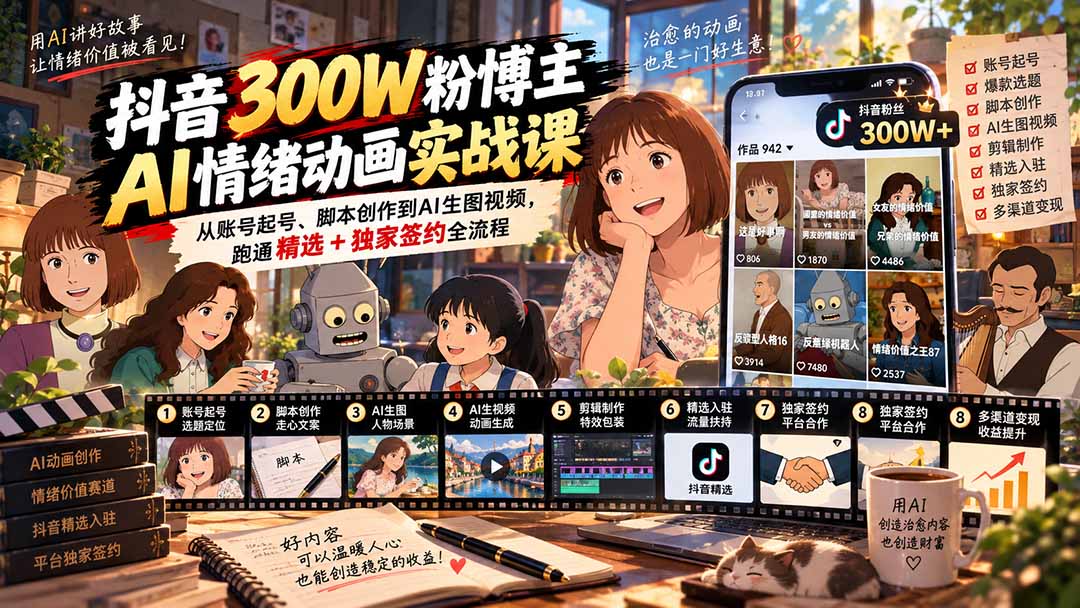 (20616期)抖音300W粉博主AI情绪动画实战课:从账号起号、脚本创作到AI生图视频,跑通精选+独家签约全流程-悟空知识星球