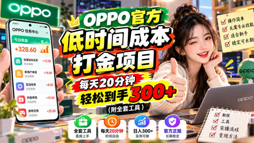 OPPO官方低时间成本打金项目,每天20分钟,轻松到手300+(附全套工具)【揭秘】-悟空知识星球