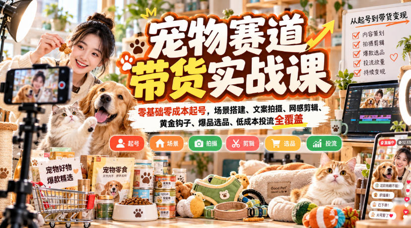 宠物赛道带货实战课，零基础零成本起号，场景搭建、文案拍摄、网感剪辑、黄金钩子、爆品选品、低成本投流全覆盖-悟空知识星球