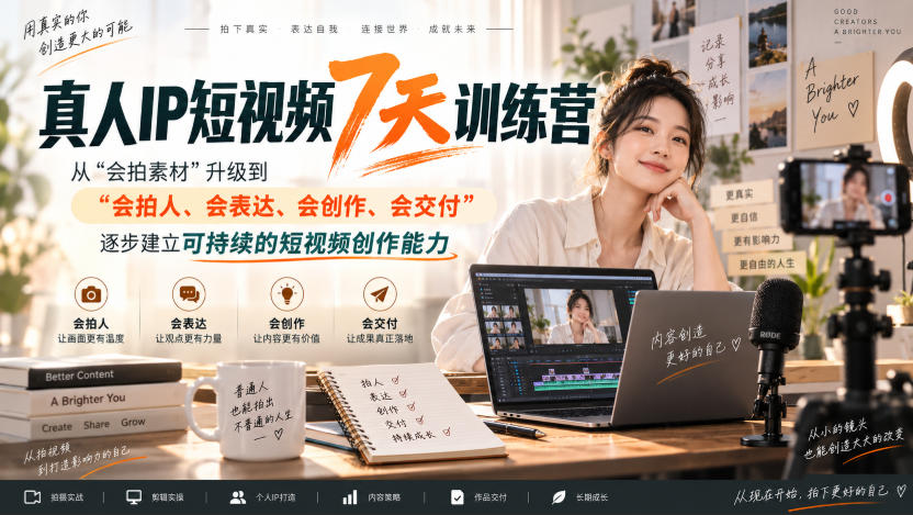 真人IP短视频7天训练营,从“会拍素材”升级到“会拍人、会表达、会创作、会交付”,逐步建立可持续的短视频创作能力-悟空知识星球