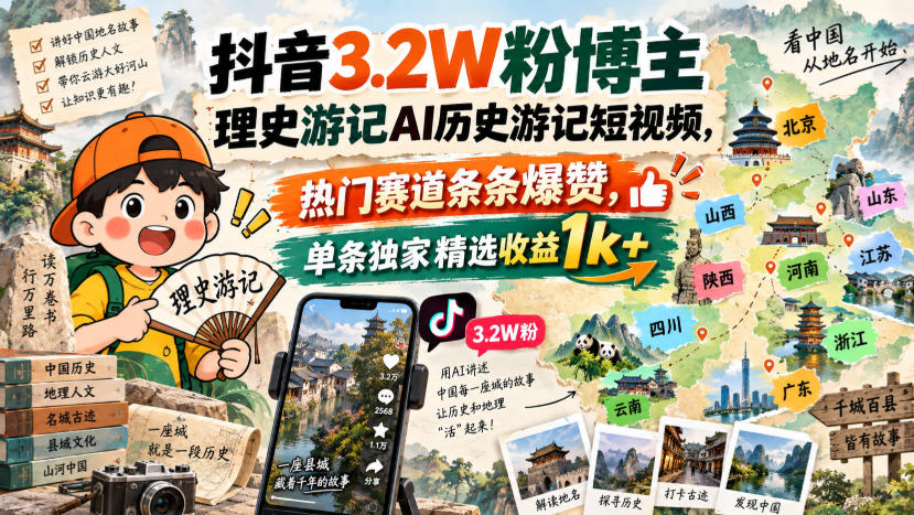 抖音3.2W粉博主理史游记AI历史游记短视频教学，热门赛道条条爆赞，单条独家精选收益1k+-悟空知识星球