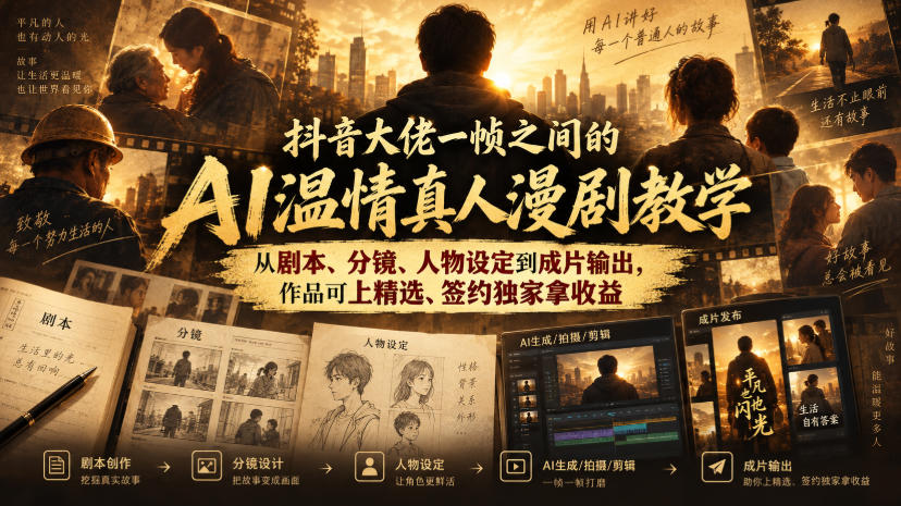 抖音大佬一帧之间的AI温情真人漫剧教学,从剧本、分镜、人物设定到成片输出,作品可上精选、签约独家拿收益-悟空知识星球