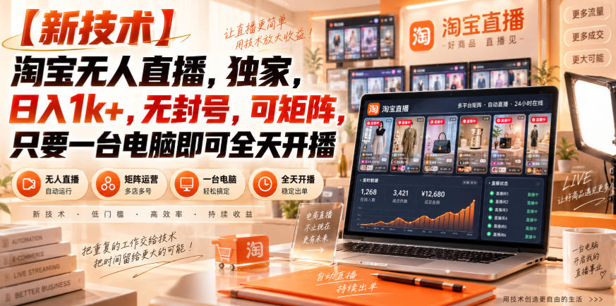 【独家新技术】淘宝无人直播,日入1k+,无封号,可矩阵,只要一台电脑即可全天开播【揭秘】-悟空知识星球