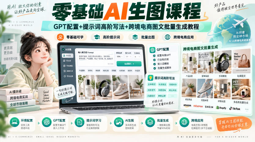 零基础AI生图课程,GPT配置+提示词高阶写法+跨境电商图文批量生成教程-悟空知识星球