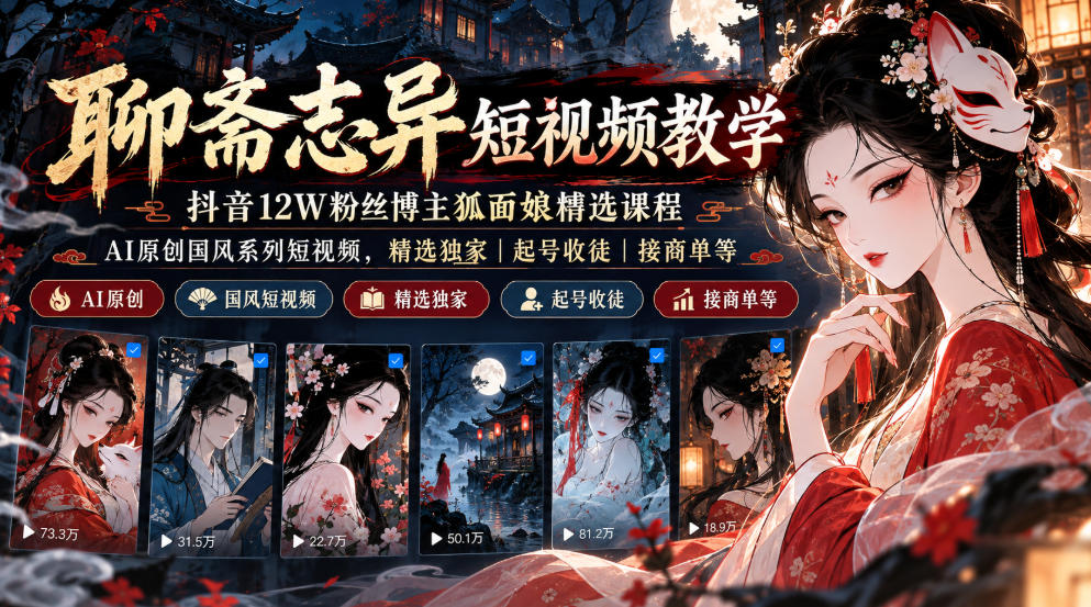 聊斋志异短视频教学,抖音12W粉丝博主狐面娘精选课程,AI原创国风系列短视频,精选独家丨起号收徒丨接商单等-悟空知识星球