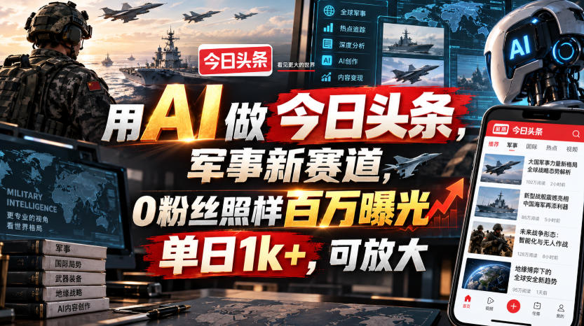 用AI做今日头条，军事新赛道，0粉丝照样百万曝光，单日1k+，可放大-悟空知识星球