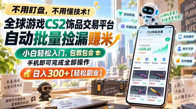 全球游戏CS2饰品交易平台自动批量捡漏賺米,小白轻松入门,包教包会,手机即可完成全部操作,日入300+【揭秘】-悟空知识星球