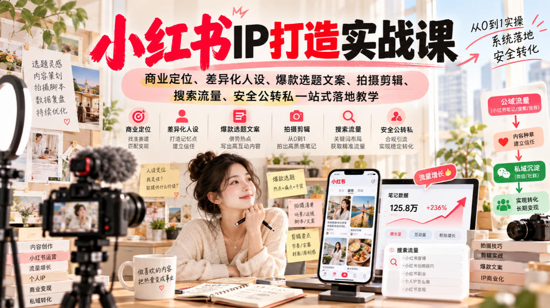 小红书ip打造实战课，商业定位、差异化人设、爆款选题文案、拍摄剪辑、搜索流量、安全公转私一站式落地教学-悟空知识星球