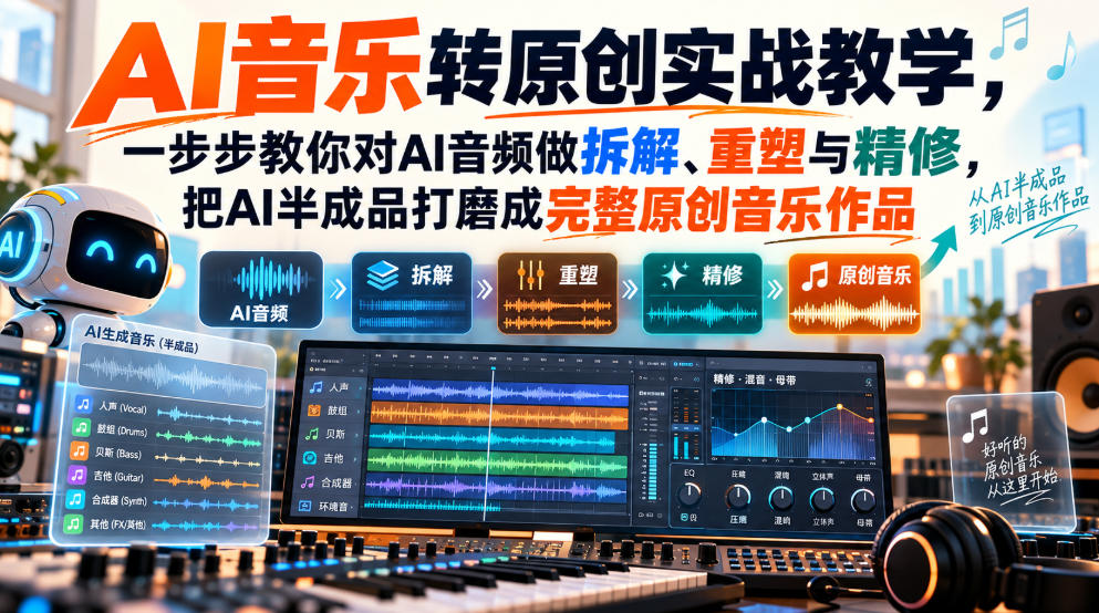 AI音乐转原创实战教学,一步步教你对AI音频做拆解、重塑与精修,把AI半成品打磨成完整原创音乐作品-悟空知识星球