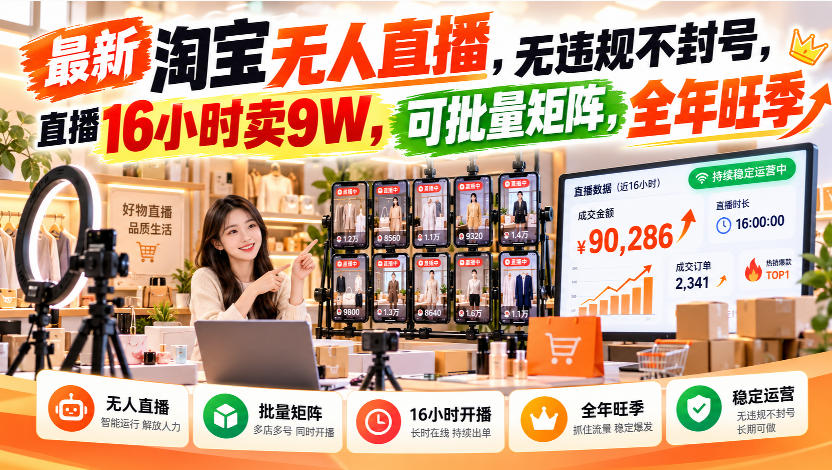 最新淘宝无人直播,无违规不封号,直播16小时卖9W,可批量矩阵,全年旺季【揭秘】-悟空知识星球