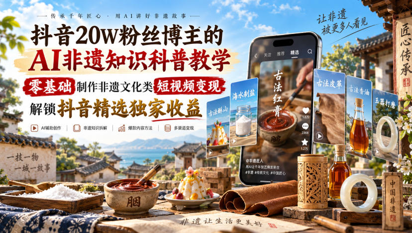 抖音20W粉丝博主的AI非遗知识科普教学,零基础制作非遗文化类短视频变现,解锁抖音精选独家收益-悟空知识星球