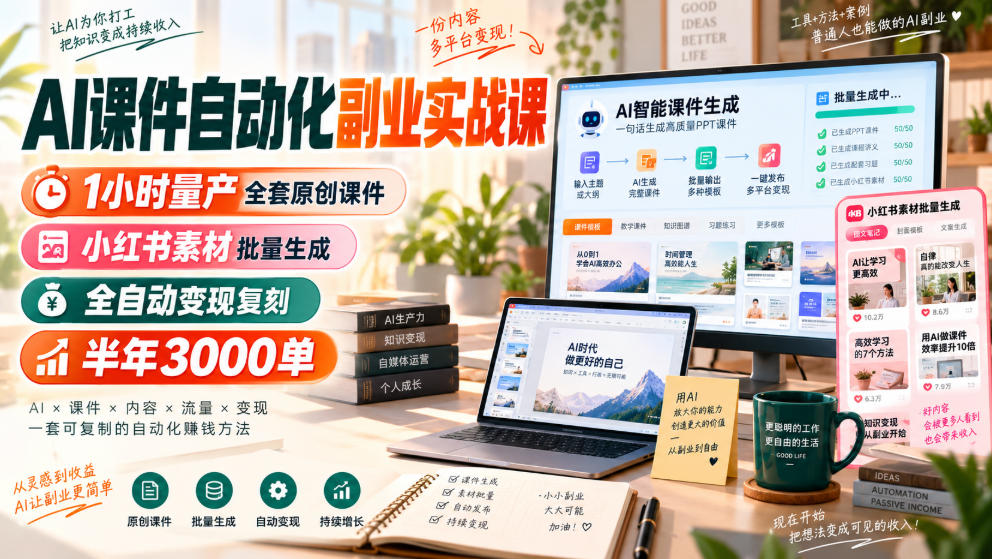 AI课件自动化副业实战课，1小时量产全套原创课件，小红书素材批量生成，全自动变现复刻，半年3000单-悟空知识星球