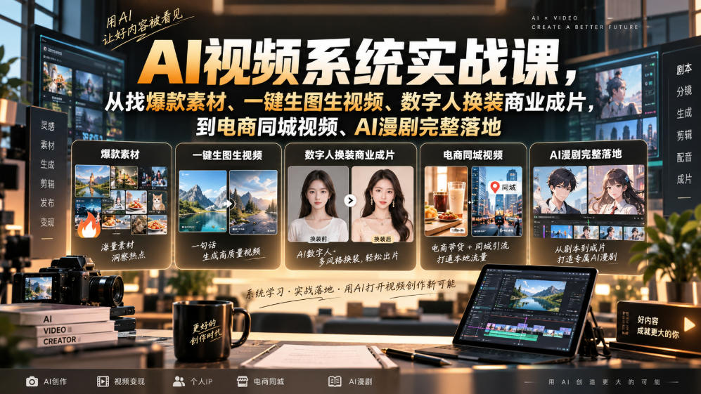 AI视频系统实战课,从找爆款素材、一键生图生视频、数字人换装商业成片,到电商同城视频、AI漫剧完整落地-悟空知识星球