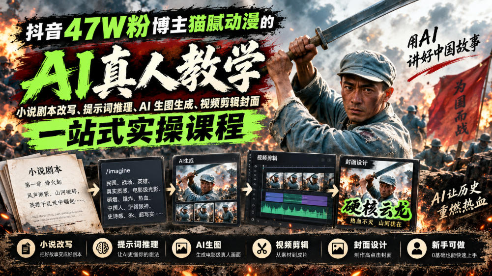 抖音47W粉博主猫腻动漫的AI真人漫剧教学,小说剧本改写、提示词推理、AI生图生成、视频剪辑封面一站式实操课程-悟空知识星球