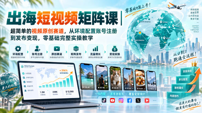 出海短视频矩阵课|超简单的视频原创赛道,从环境配置账号注册到发布变现,零基础完整实操教学-悟空知识星球