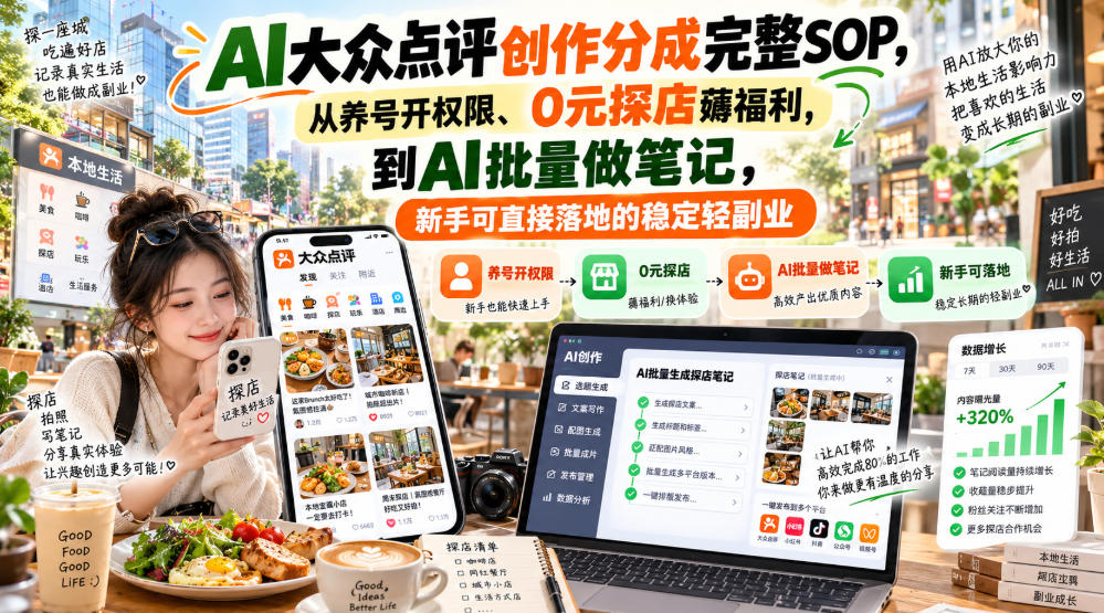 【无水印】AI大众点评创作分成完整SOP,从养号开权限、0元探店薅福利,到AI批量做笔记,新手可直接落地的稳定轻副业-悟空知识星球