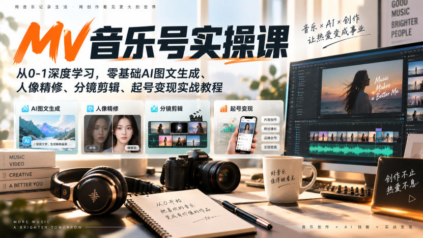 AI MV音乐号实操课,从0-1深度学习,零基础AI图文生成、人像精修、分镜剪辑、起号变现实战教程-悟空知识星球
