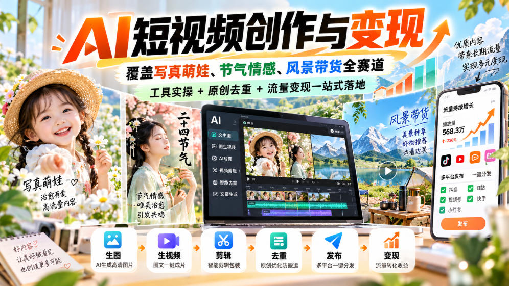 AI短视频创作与变现,覆盖写真萌娃、节气情感、风景带货全赛道,工具实操+原创去重+流量变现一站式落地-悟空知识星球