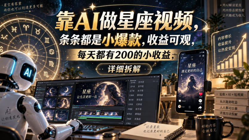 靠AI做星座视频,条条都是小爆款,收益可观,每天都有200的小收益,详细拆解-悟空知识星球