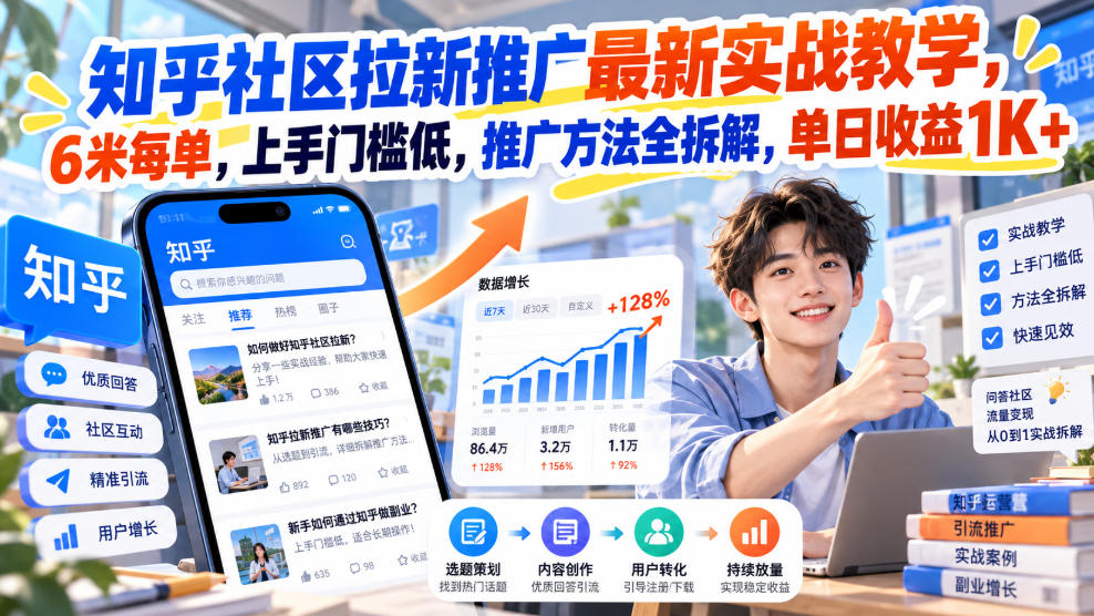 知乎社区拉新推广最新实战教学,6米每单,上手门槛低,推广方法全拆解,单日收益1K+!-悟空知识星球