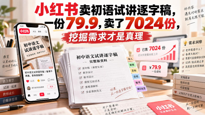 小红书卖初语试讲逐字稿，一份79.9，卖了7024份，挖掘需求才是真理-悟空知识星球
