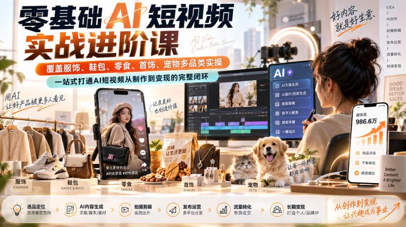 零基础AI短视频实战进阶课,覆盖服饰、鞋包、零食、首饰、宠物多品类实操,一站式打通AI短视频从制作到变现的完整闭环-悟空知识星球