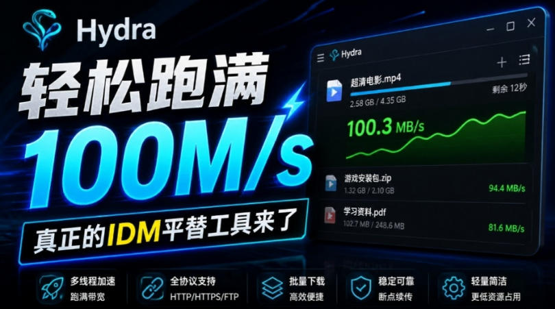 轻松跑满100M/s，真正的IDM平替工具来了，开源多线程器，支持浏览器拓展，一键智能加速Hydra Download Manager-悟空知识星球