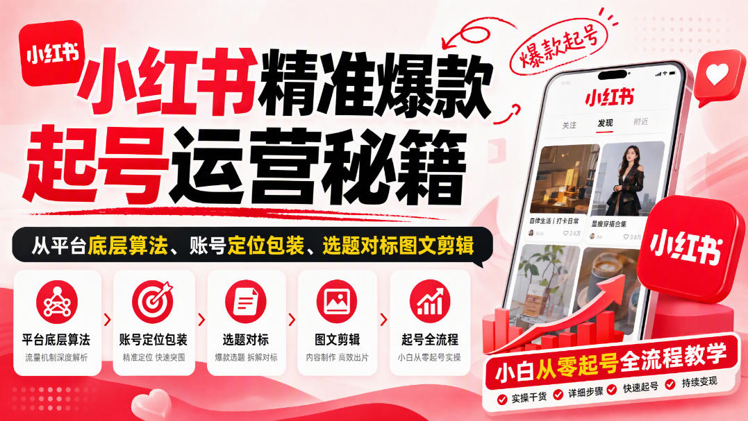 小红书精准爆款起号运营秘籍，从平台底层算法、账号定位包装、选题对标图文剪辑，小白从零起号全流程-悟空知识星球