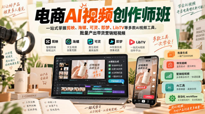 电商AI视频创作师班,一站式掌握剪映、海螺、可灵、即梦、LibTV等多款AI视频工具,批量产出带货营销短视频-悟空知识星球