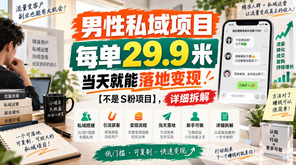 男性私域项目,每单29.9米,当天就能落地变现【不是S粉项目】,详细拆解-悟空知识星球