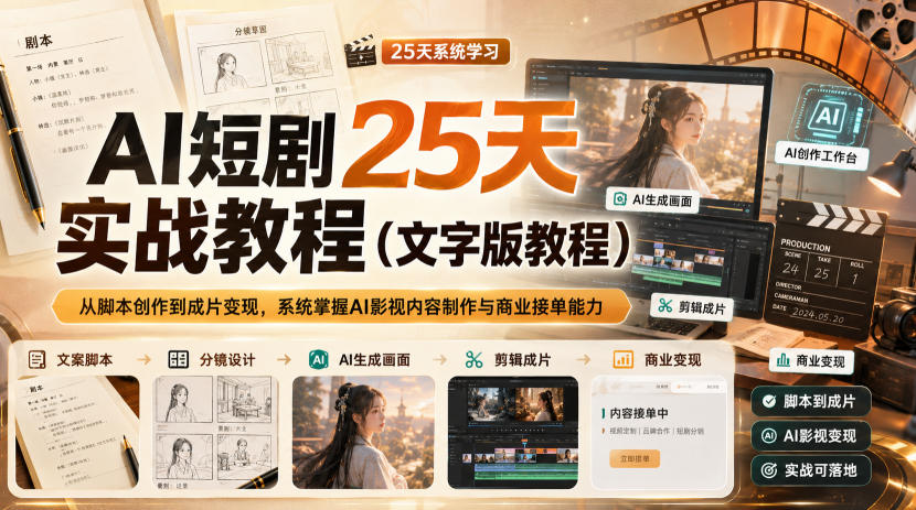 AI短剧25天实战教程(文字版教程),从脚本创作到成片变现,系统掌握AI影视内容制作与商业接单能力-悟空知识星球