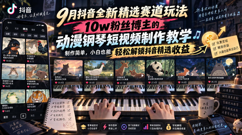 9月抖音全新精选赛道玩法,10w粉丝博主的动漫钢琴短视频制作教学,制作简单,小白也能轻松解锁抖音精选收益-悟空知识星球