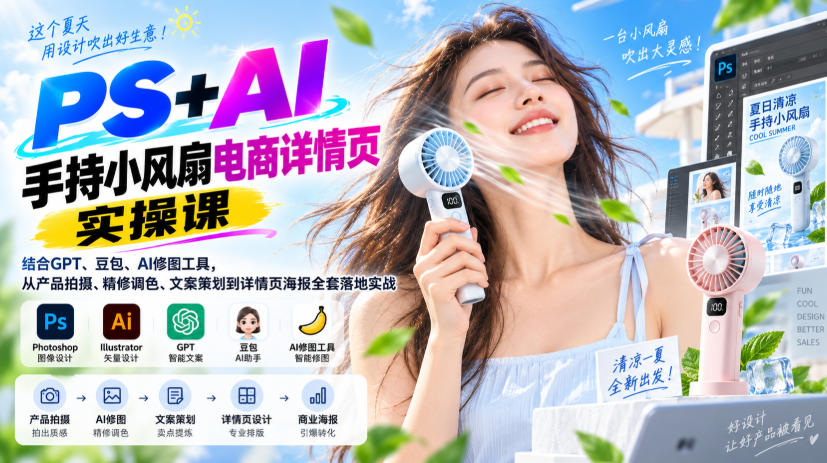 PS+AI手持小风扇电商详情页实操课|结合GPT、豆包、AI修图工具,从产品拍摄、精修调色、文案策划到详情页海报全套落地实战-悟空知识星球