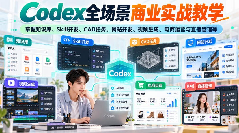 【无水印】Codex全场景商业实战教学,掌握知识库、Skill开发、CAD任务、网站开发、视频生成、电商运营与直播管理等-悟空知识星球