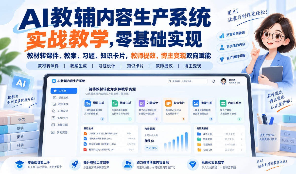 AI教辅内容生产系统实战教学,零基础实现教材转课件、教案、习题、知识卡片,教师提效、博主变现双向赋能-悟空知识星球