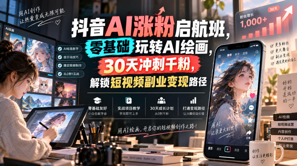 抖音AI涨粉启航班,零基础玩转AI绘画,30天冲刺千粉,解锁短视频副业变现路径-悟空知识星球