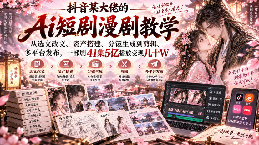 抖音某大佬的Ai短剧漫剧教学,从选文改文、资产搭建、分镜生成到剪辑、多平台发布,一部剧41集5亿播放变现几十W-悟空知识星球